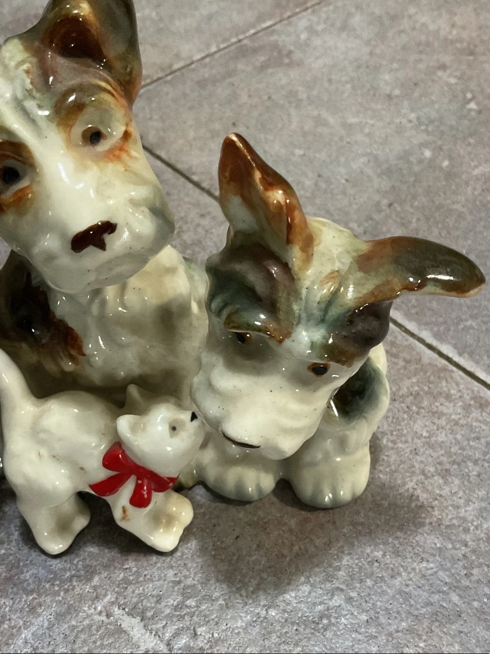 Vintage Ceramic Puppy Trio with Small Cat Figurine - Brown & Cream